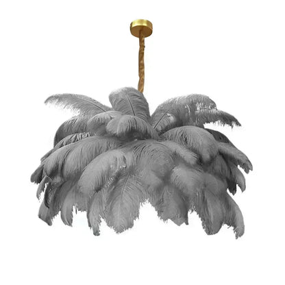 Orange feather chandelier with plumage wrapping a circular iron frame