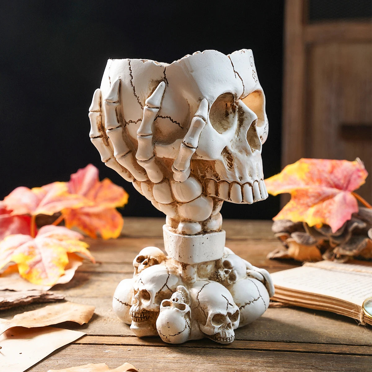 All three color options of steampunk skull vase in silver gold and white together