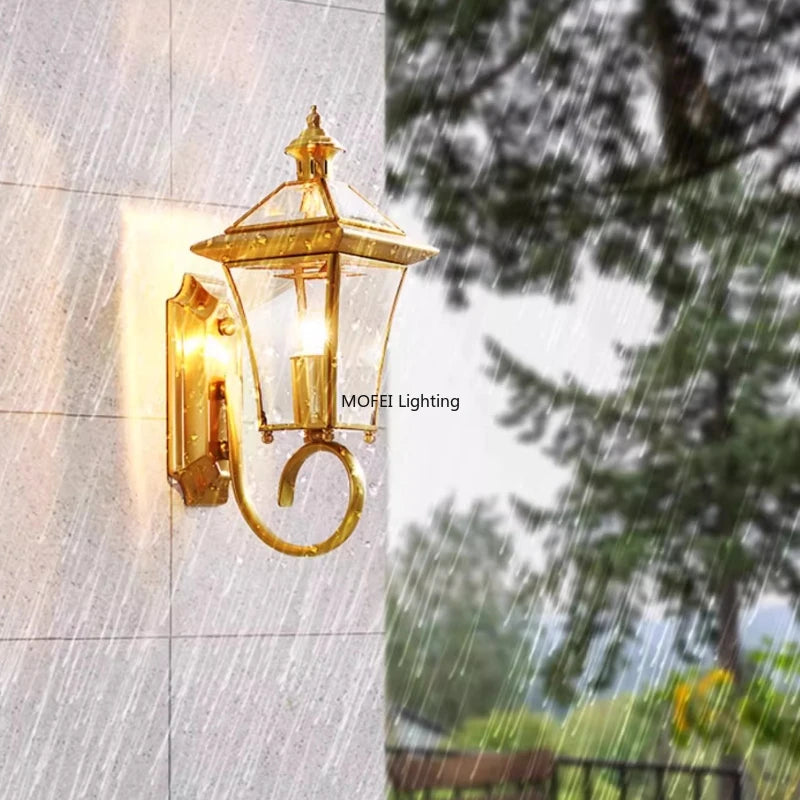 copper outdoor wall sconce, detail view of fixture base and arm