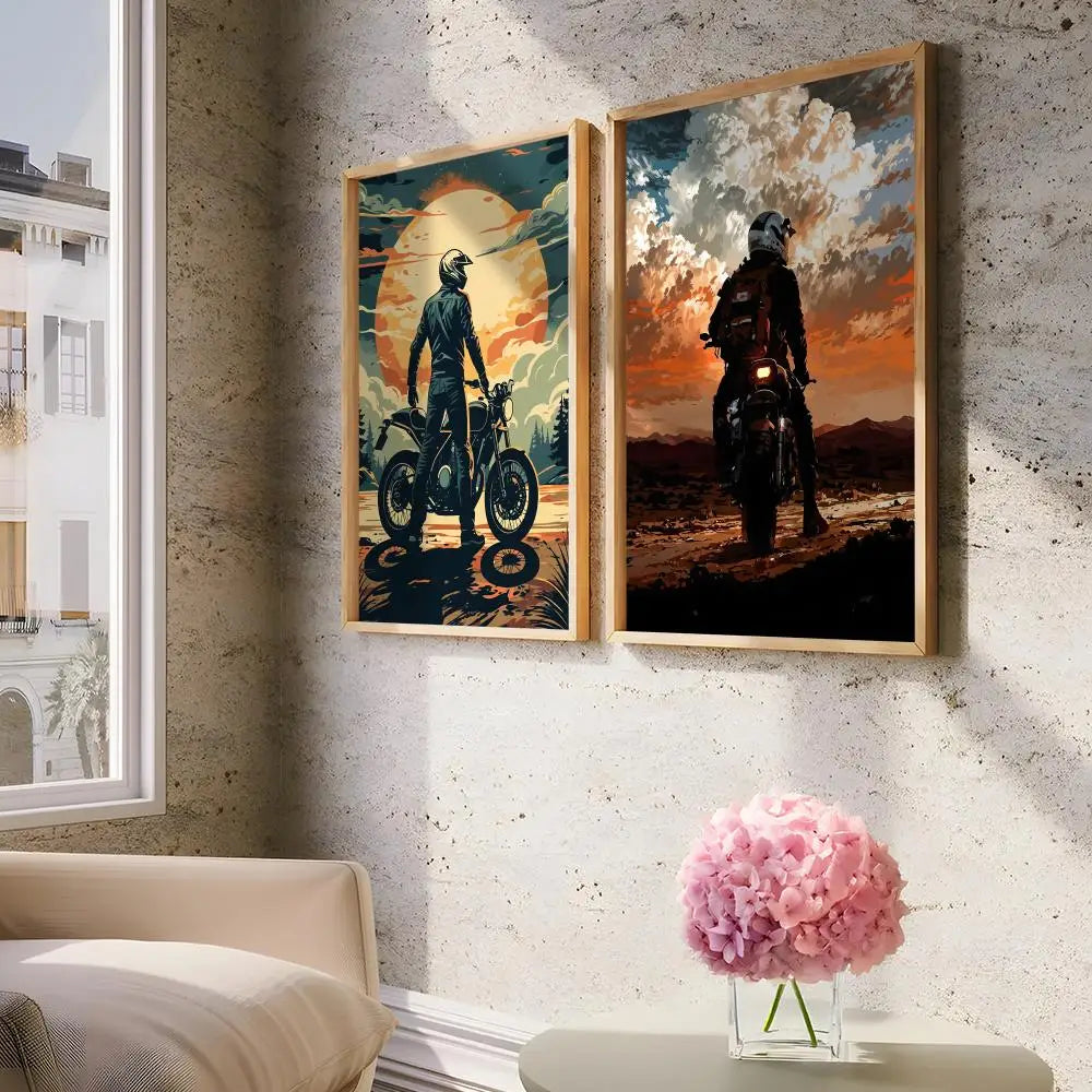 Motorcycle Rider Sunset Canvas Wall Art Print