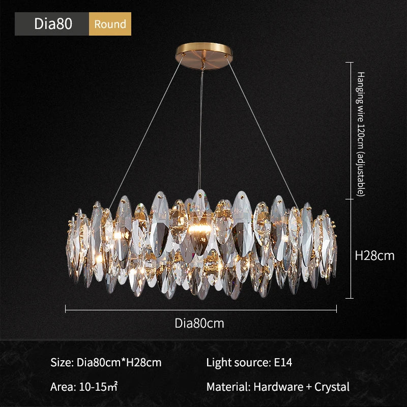 Crystal shade detail on a clear modern aluminum frame chandelier
