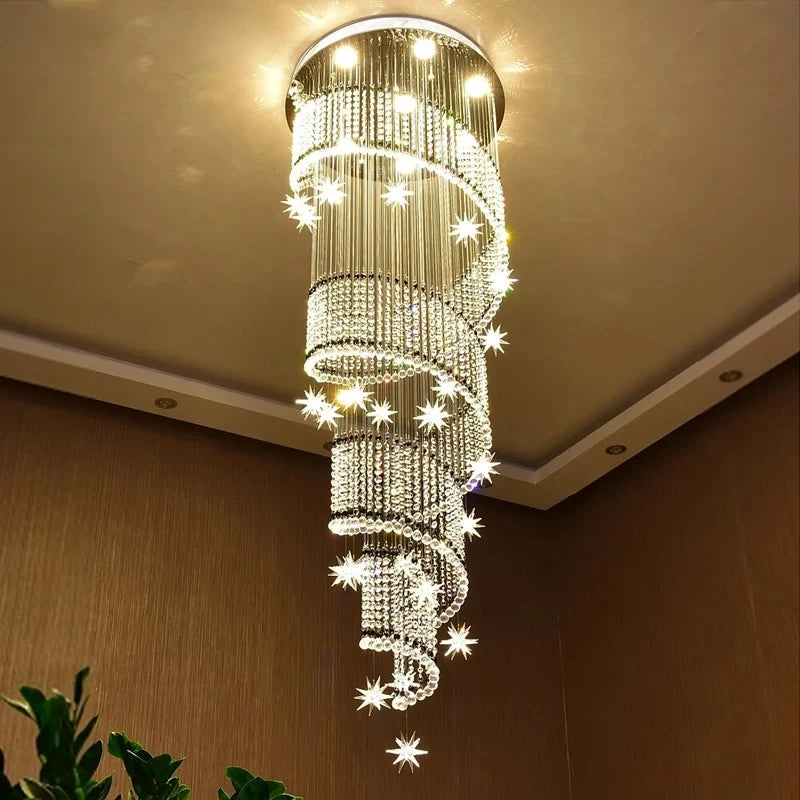 Spiral staircase crystal chandelier with K9 crystal on a nickel frame