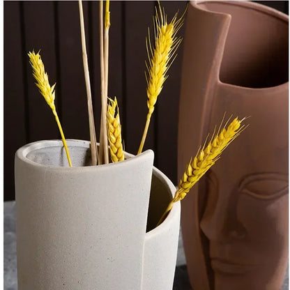 Ceramic human face sculpture vase handmade art flower arrangement