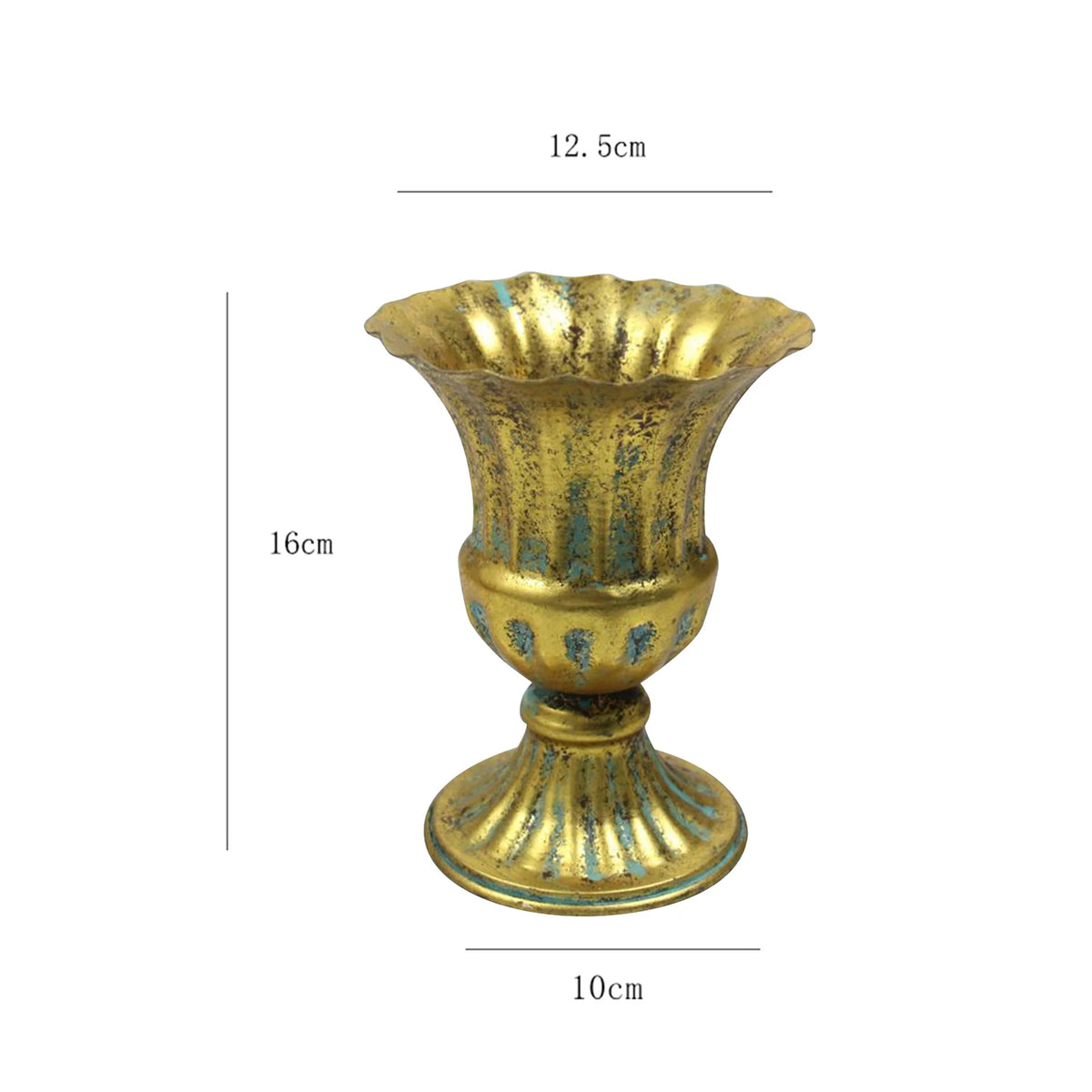 Product flat lay of all sizes of gold and white metal vases on surface