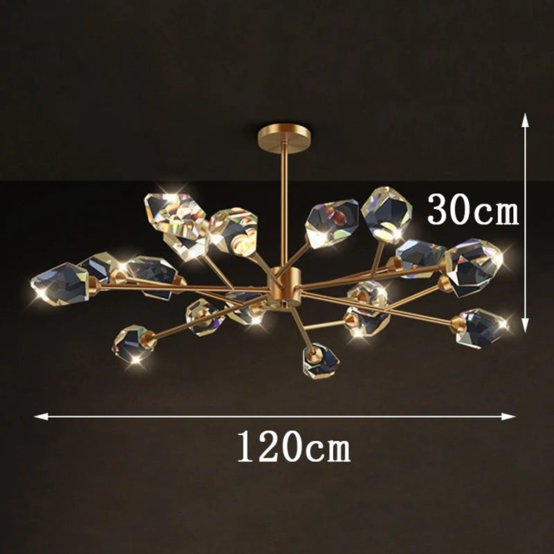 Linear crystal chandelier lit in cold white across its full eighteen head span