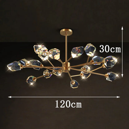 Linear crystal chandelier lit in cold white across its full eighteen head span