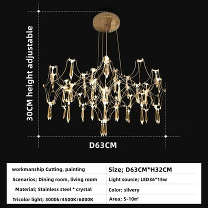Chrome crystal chandelier at 47.2 in across in three-color LED light
