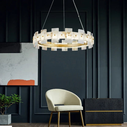 Marble chandelier at 21.7 in diameter with plated copper arms
