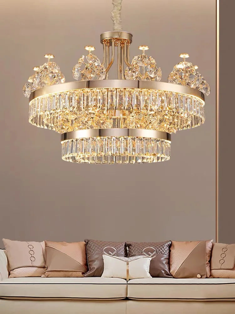 Postmodern crystal ceiling chandelier with crystal on a plated iron frame
