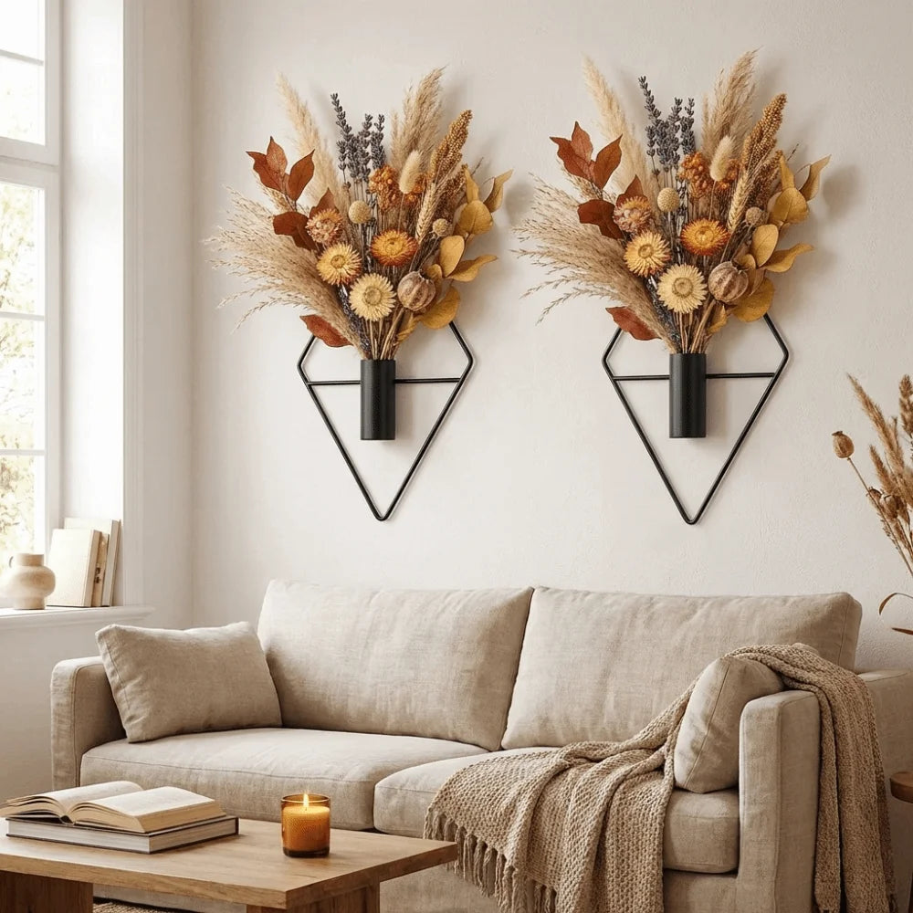 Pair of black iron rhombus wall vases mounted on white wall with eucalyptus stems