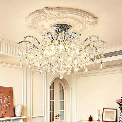 Flush mount crystal chandelier with crystal set in a steel ring