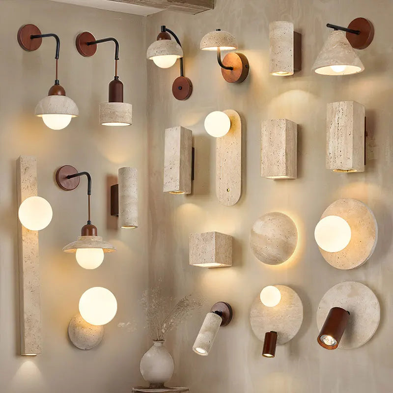 travertine stone outdoor wall sconce, front view on white background