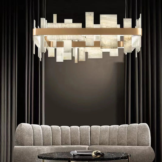 Copper marble island chandelier with marble shards on polished copper