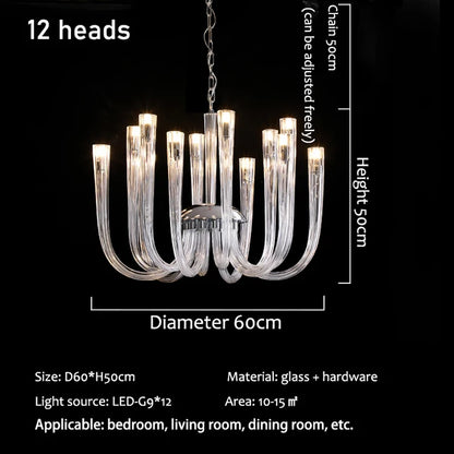 Glass chandelier at 35.4 in diameter with dense curved glass heads