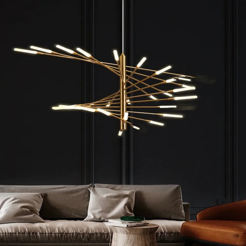 Gold firework chandelier with 50 lights and warm 3000K light