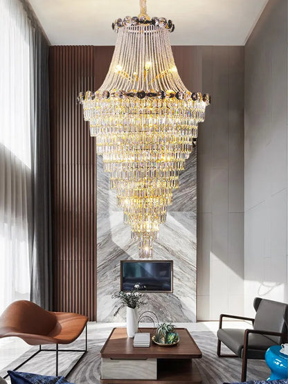 Gold plated steel crystal chandelier with close set faceted crystal