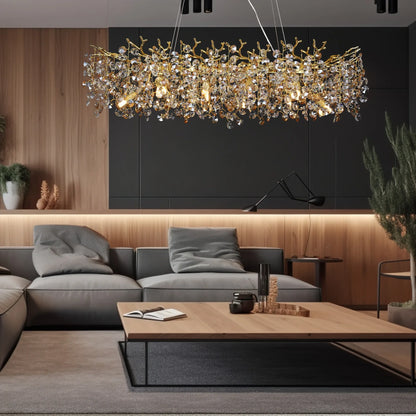 Linear crystal branch chandelier, 70.9 inches long, for a long dining table