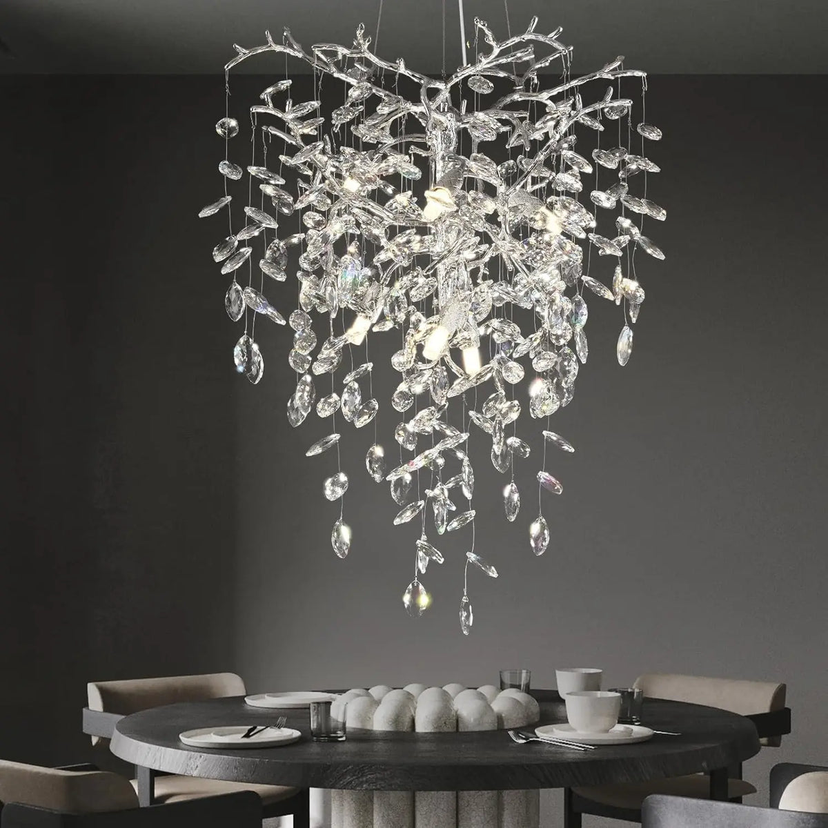 Silver finish crystal branch chandelier with cascading faceted crystal drops