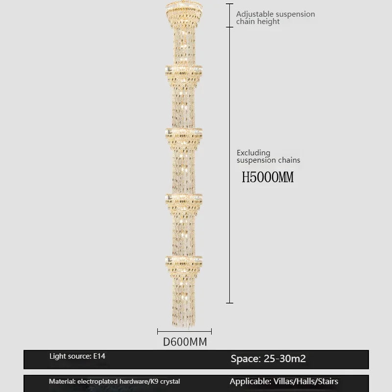 Crystal chandelier layers lit with neutral light on an iron structure