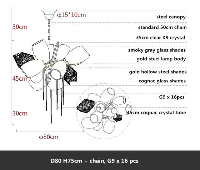 Artistic glass chandelier frame in gold with assembly required