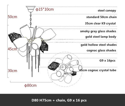 Artistic glass chandelier frame in gold with assembly required