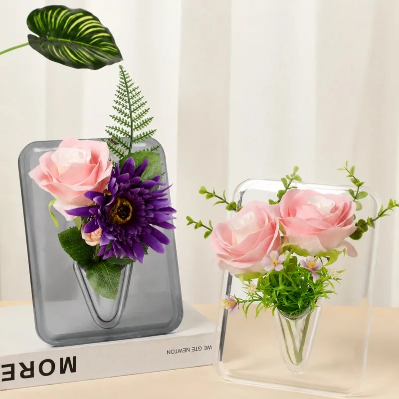 Transparent acrylic frame art vase for desktop bookshelf display