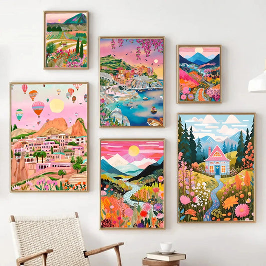 Colorful Flowers Mountain Lake Nature Canvas Wall Art