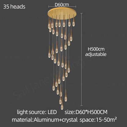 Twenty two head crystal staircase chandelier with a 157.5 inch gold cord drop