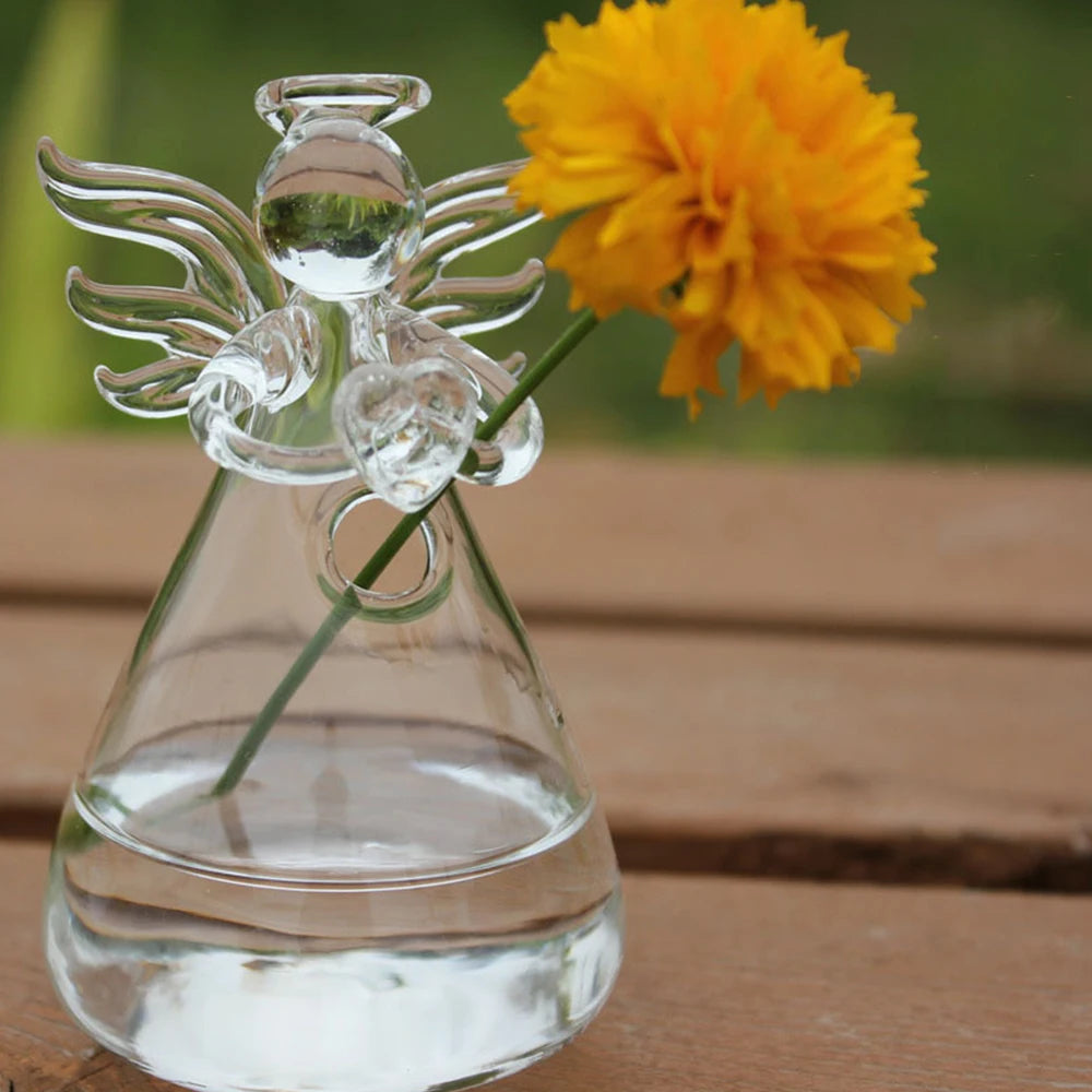 Creative angel glass vase suspended by twine for living room plant display
