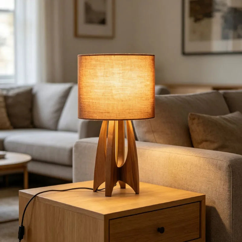 Nordic wood fabric table lamp beige shade warm light bedroom view