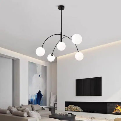 Red iron arc chandelier with frosted glass spheres, 90 to 260V