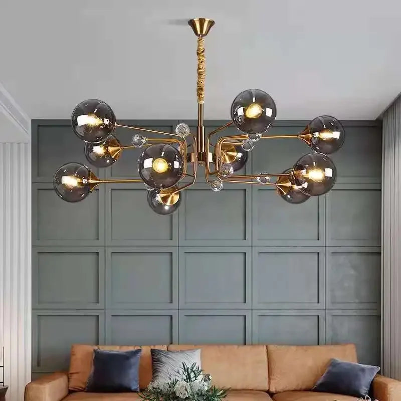 Contemporary bubble chandelier with amber glass shades and an iron body in chrome
