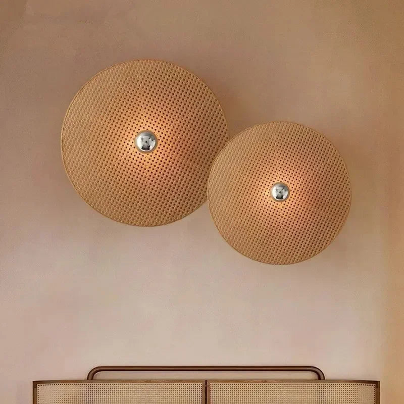 rattan wall sconce, front view on white background