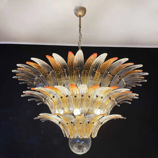 French vintage glass chandelier with tinted glass shades on metal arms