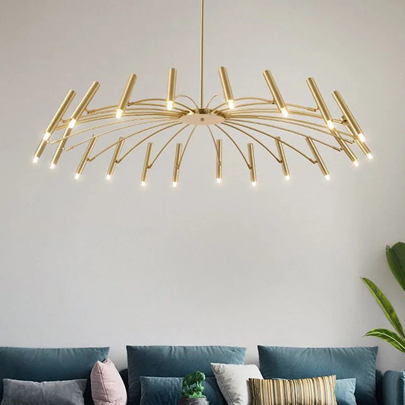 Gold painted rod chandelier with twelve heads fanning from a central stem
