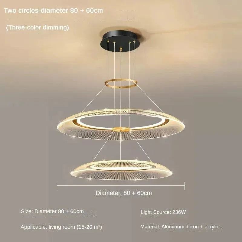 Modern gold spiral ring chandelier with acrylic diffused LED light