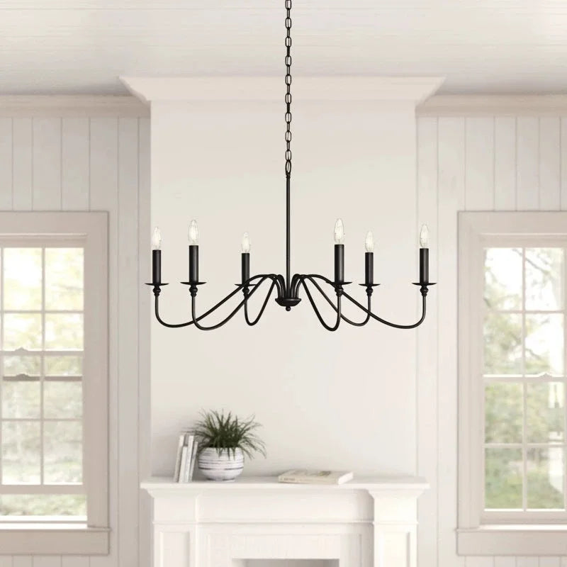 Gold finish industrial chandelier with six lights on stacked metal tiers