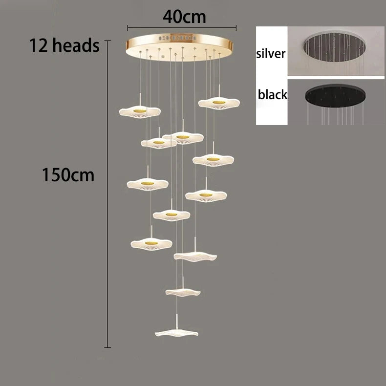 Staircase cascade chandelier lit in cold white with remote dimming