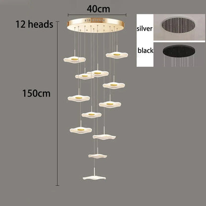 Staircase cascade chandelier lit in cold white with remote dimming