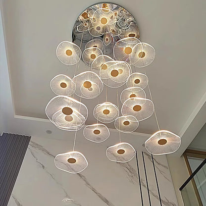 Gold ironware cascade chandelier with staggered acrylic light rods