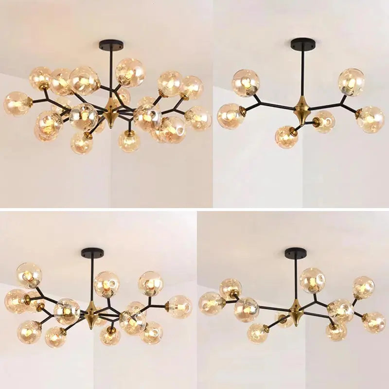 Six light smoke grey glass ball chandelier on black iron