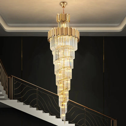 Brushed stainless steel canopy carrying long crystal chandelier strands