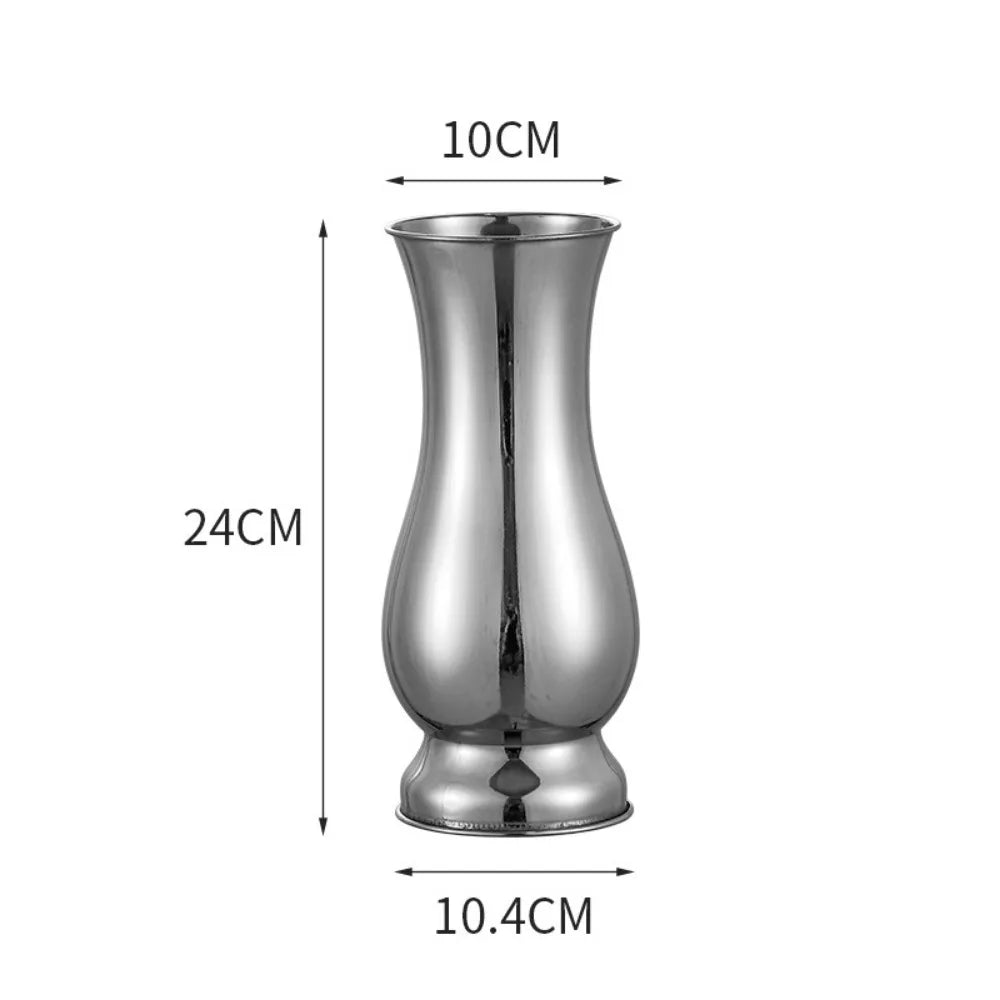 8 inch gold stainless steel vase holding single red rose stem arrangement