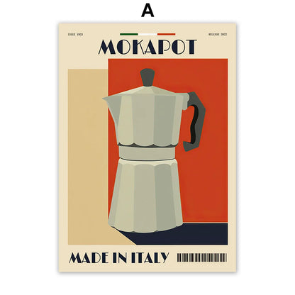 Italian Espresso Coffee Pot Beans Canvas Wall Art