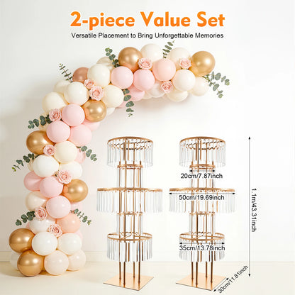 Close-up of gold crystal-style acrylic joint and arm on tall tiered flower stand