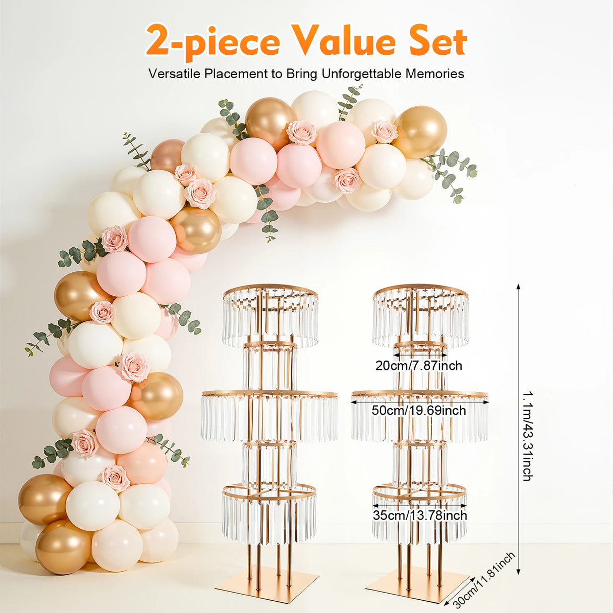 Close-up of gold acrylic arm and crystal-style joint on five-tier flower stand