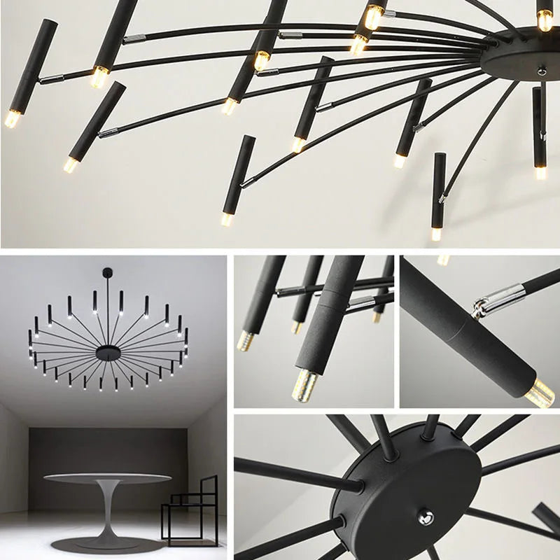Six head rod cluster chandelier in black for a bedroom or home office