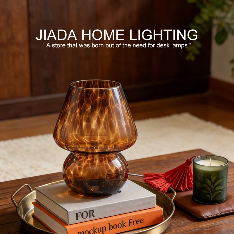 Colorful glass mushroom bedside lamp glowing softly in bedroom