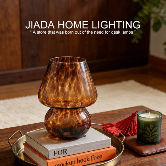 Colorful glass mushroom bedside lamp glowing softly in bedroom