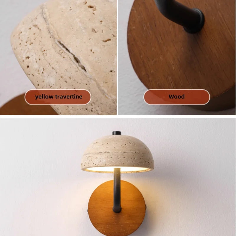 travertine stone bathroom wall sconce, detail view of fixture base and arm
